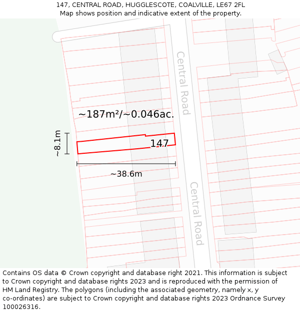 147, CENTRAL ROAD, HUGGLESCOTE, COALVILLE, LE67 2FL: Plot and title map
