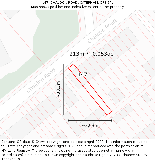 147, CHALDON ROAD, CATERHAM, CR3 5PL: Plot and title map
