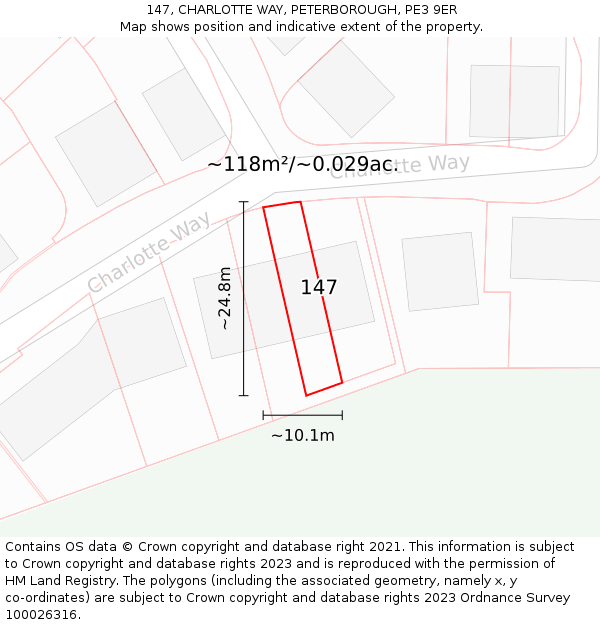 147, CHARLOTTE WAY, PETERBOROUGH, PE3 9ER: Plot and title map