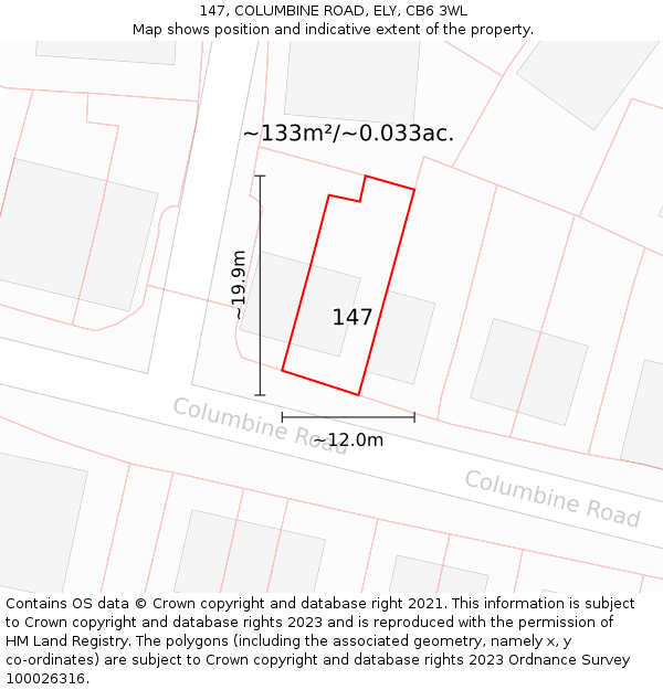 147, COLUMBINE ROAD, ELY, CB6 3WL: Plot and title map