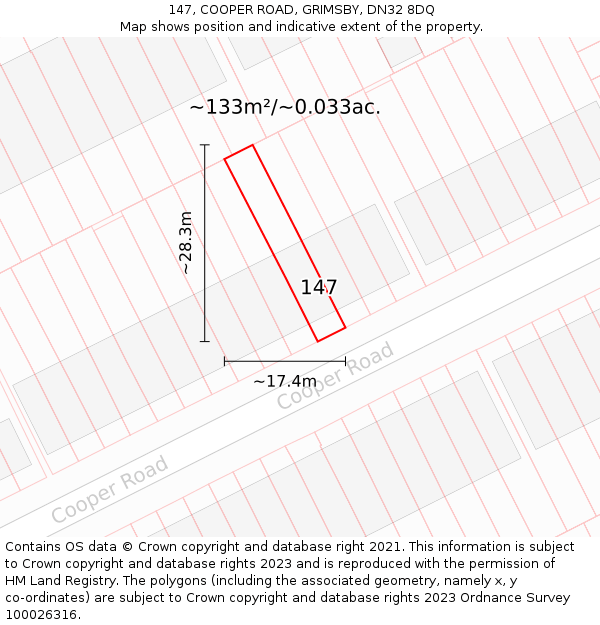 147, COOPER ROAD, GRIMSBY, DN32 8DQ: Plot and title map