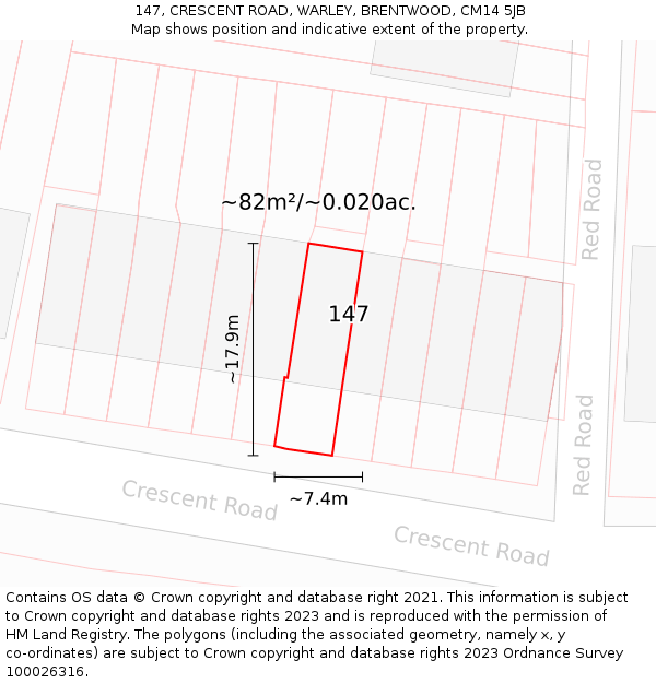 147, CRESCENT ROAD, WARLEY, BRENTWOOD, CM14 5JB: Plot and title map
