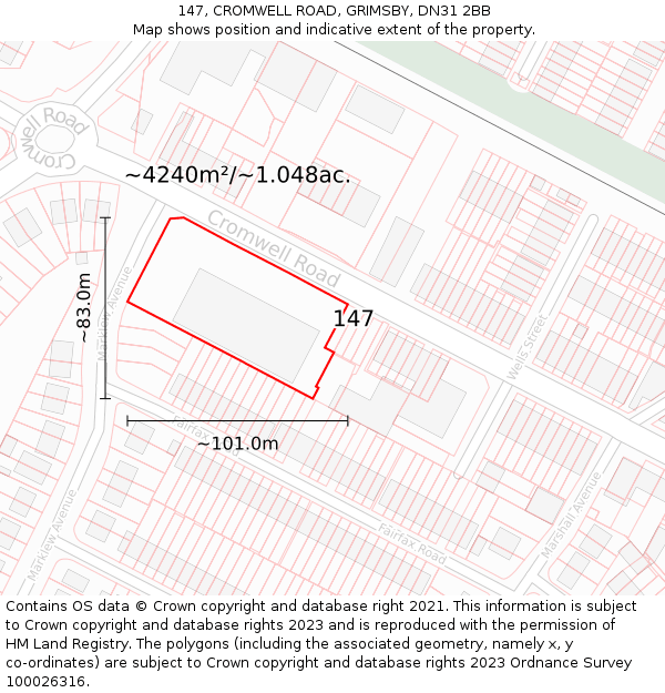 147, CROMWELL ROAD, GRIMSBY, DN31 2BB: Plot and title map