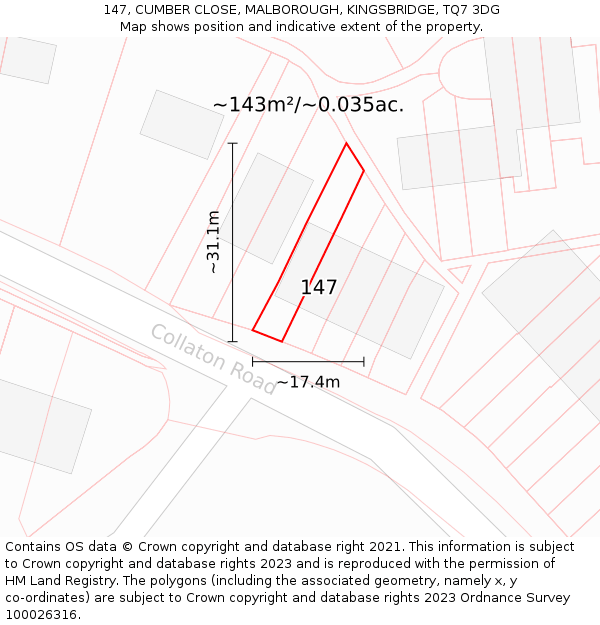 147, CUMBER CLOSE, MALBOROUGH, KINGSBRIDGE, TQ7 3DG: Plot and title map