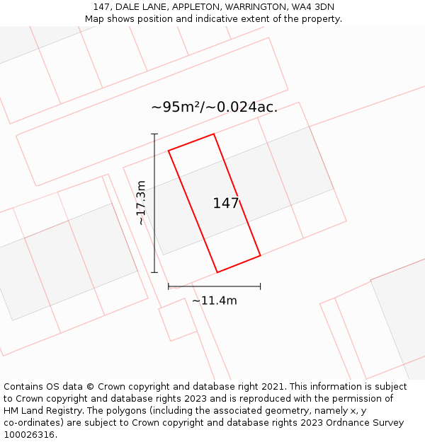 147, DALE LANE, APPLETON, WARRINGTON, WA4 3DN: Plot and title map