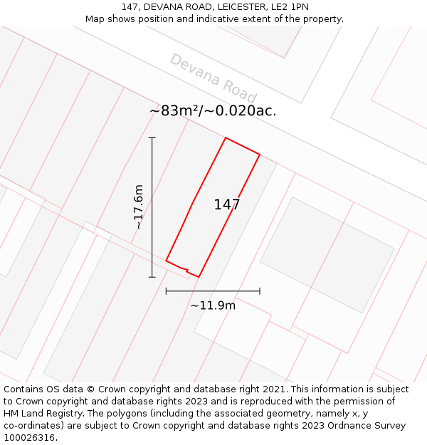 147, DEVANA ROAD, LEICESTER, LE2 1PN: Plot and title map