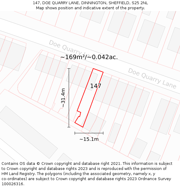 147, DOE QUARRY LANE, DINNINGTON, SHEFFIELD, S25 2NL: Plot and title map