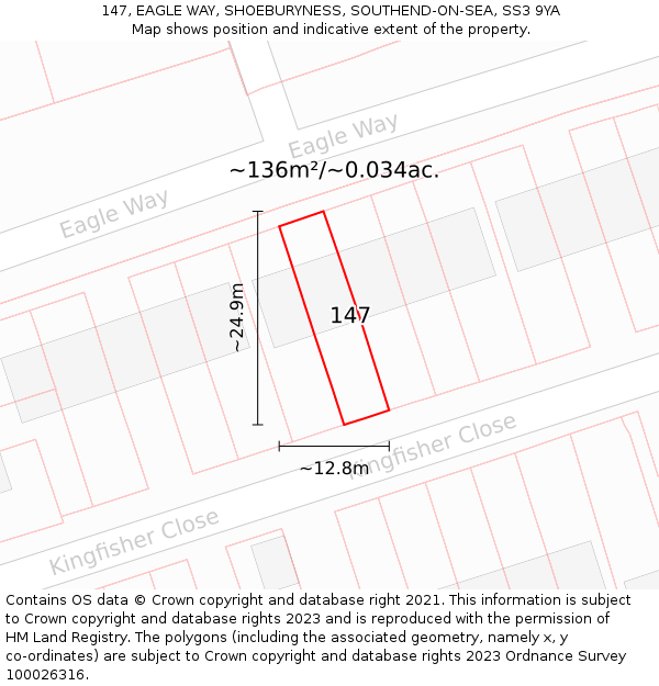 147, EAGLE WAY, SHOEBURYNESS, SOUTHEND-ON-SEA, SS3 9YA: Plot and title map