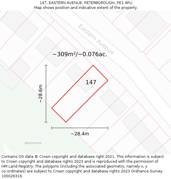 147, EASTERN AVENUE, PETERBOROUGH, PE1 4PU: Plot and title map