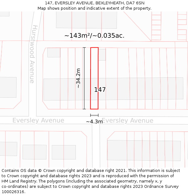 147, EVERSLEY AVENUE, BEXLEYHEATH, DA7 6SN: Plot and title map