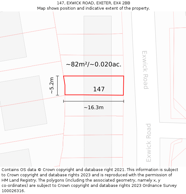 147, EXWICK ROAD, EXETER, EX4 2BB: Plot and title map