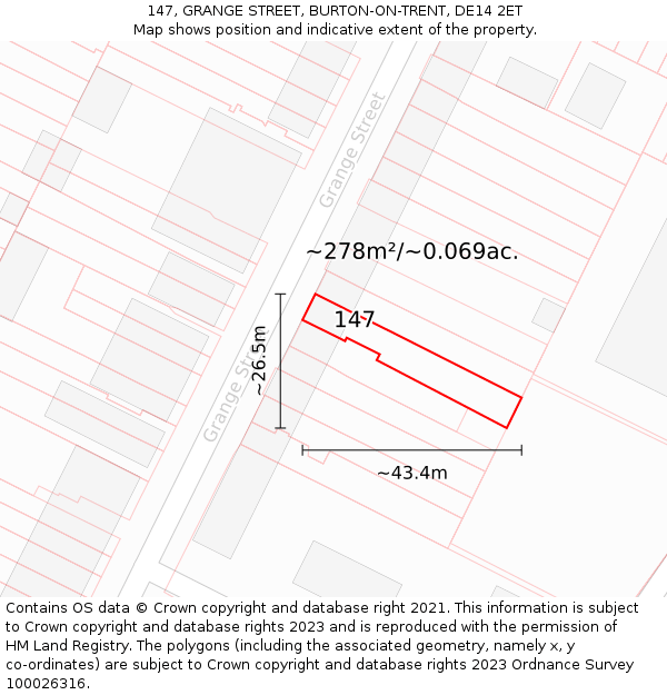 147, GRANGE STREET, BURTON-ON-TRENT, DE14 2ET: Plot and title map