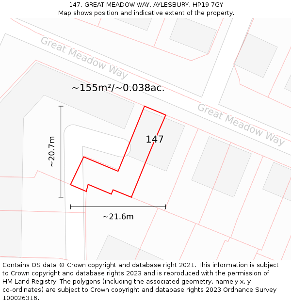 147, GREAT MEADOW WAY, AYLESBURY, HP19 7GY: Plot and title map
