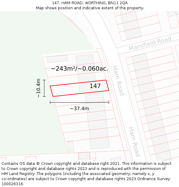 147, HAM ROAD, WORTHING, BN11 2QA: Plot and title map