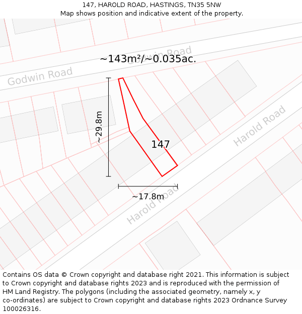 147, HAROLD ROAD, HASTINGS, TN35 5NW: Plot and title map