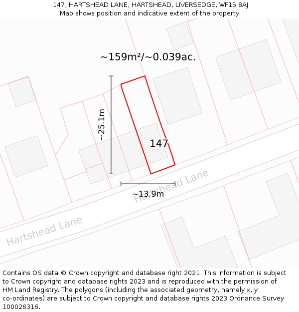 147, HARTSHEAD LANE, HARTSHEAD, LIVERSEDGE, WF15 8AJ: Plot and title map