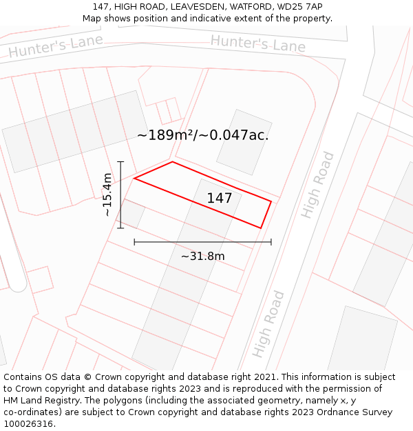 147, HIGH ROAD, LEAVESDEN, WATFORD, WD25 7AP: Plot and title map