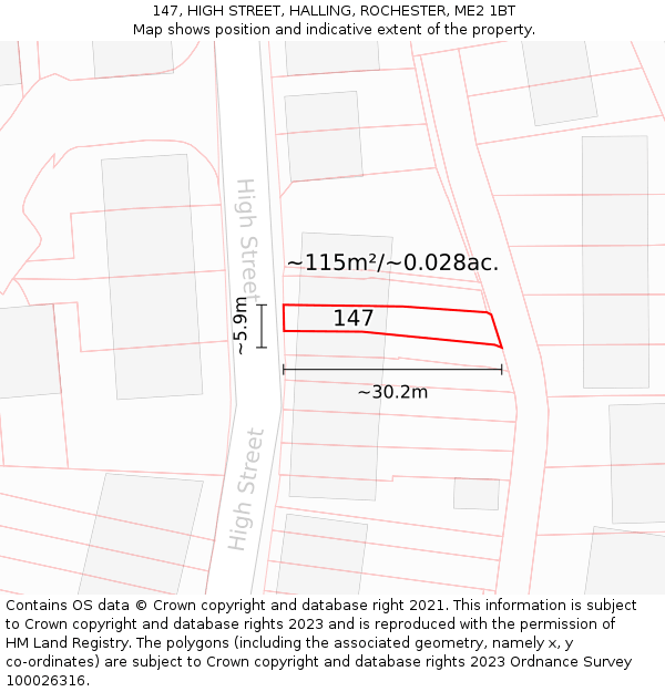 147, HIGH STREET, HALLING, ROCHESTER, ME2 1BT: Plot and title map