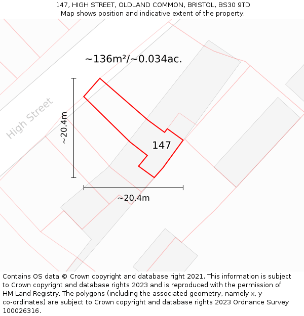 147, HIGH STREET, OLDLAND COMMON, BRISTOL, BS30 9TD: Plot and title map
