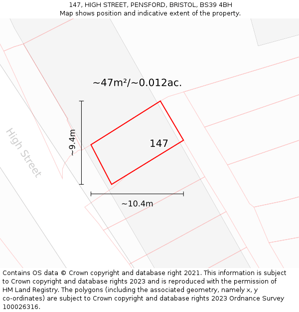 147, HIGH STREET, PENSFORD, BRISTOL, BS39 4BH: Plot and title map