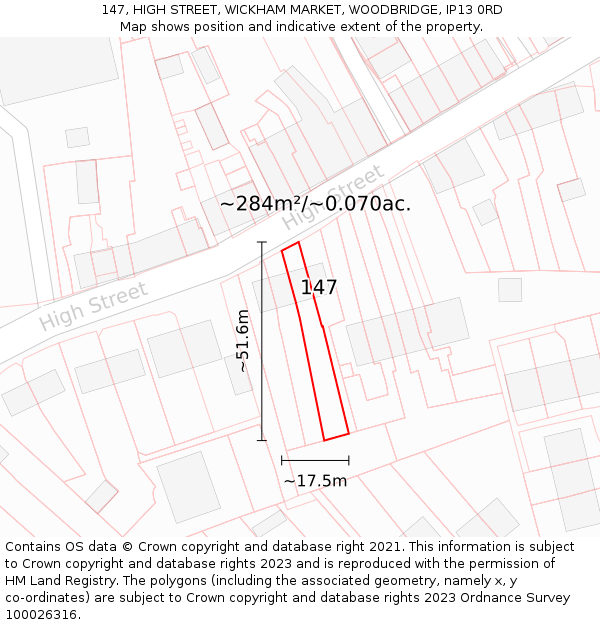 147, HIGH STREET, WICKHAM MARKET, WOODBRIDGE, IP13 0RD: Plot and title map
