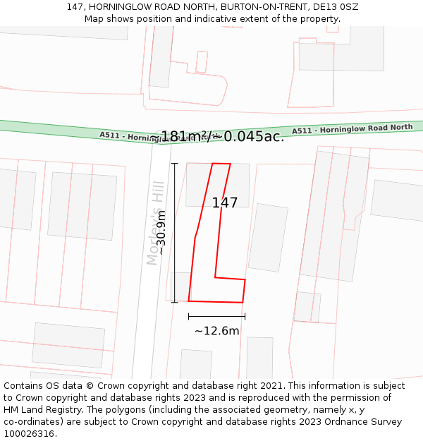 147, HORNINGLOW ROAD NORTH, BURTON-ON-TRENT, DE13 0SZ: Plot and title map