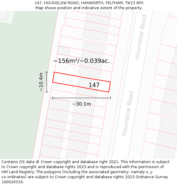 147, HOUNSLOW ROAD, HANWORTH, FELTHAM, TW13 6PX: Plot and title map