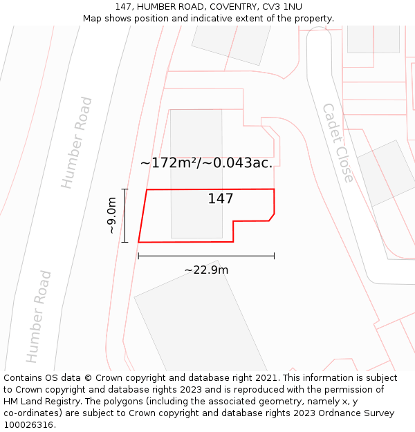 147, HUMBER ROAD, COVENTRY, CV3 1NU: Plot and title map