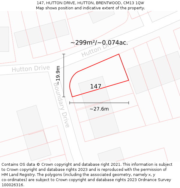 147, HUTTON DRIVE, HUTTON, BRENTWOOD, CM13 1QW: Plot and title map