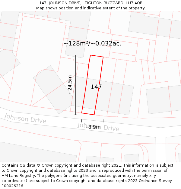 147, JOHNSON DRIVE, LEIGHTON BUZZARD, LU7 4QR: Plot and title map