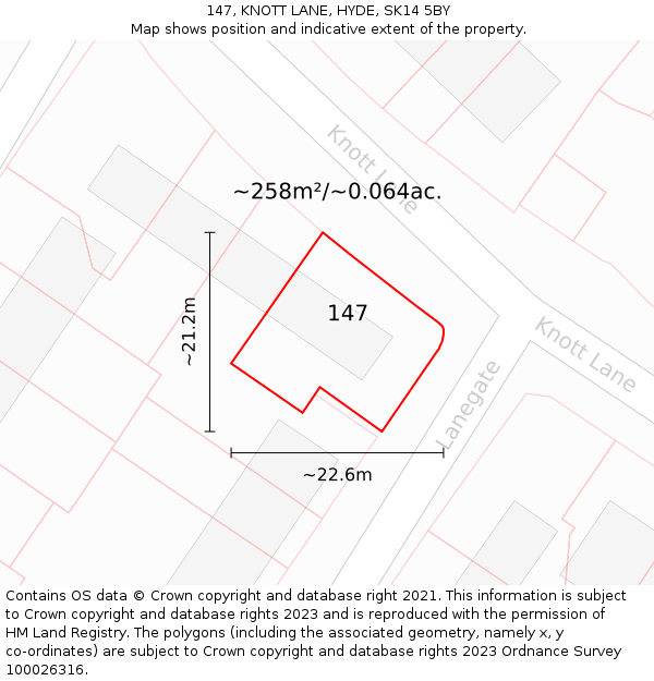 147, KNOTT LANE, HYDE, SK14 5BY: Plot and title map