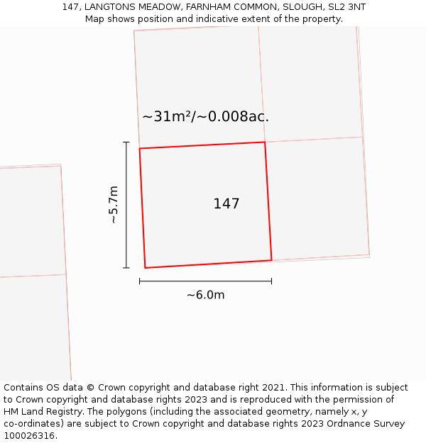 147, LANGTONS MEADOW, FARNHAM COMMON, SLOUGH, SL2 3NT: Plot and title map