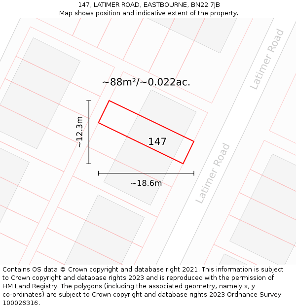 147, LATIMER ROAD, EASTBOURNE, BN22 7JB: Plot and title map
