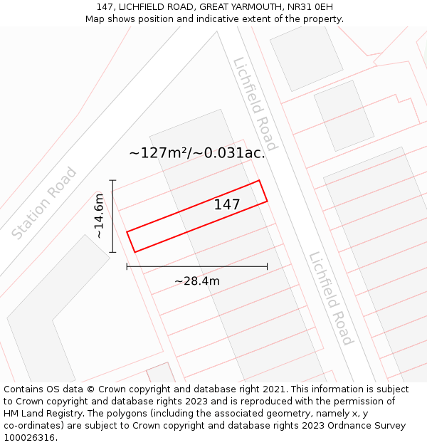 147, LICHFIELD ROAD, GREAT YARMOUTH, NR31 0EH: Plot and title map