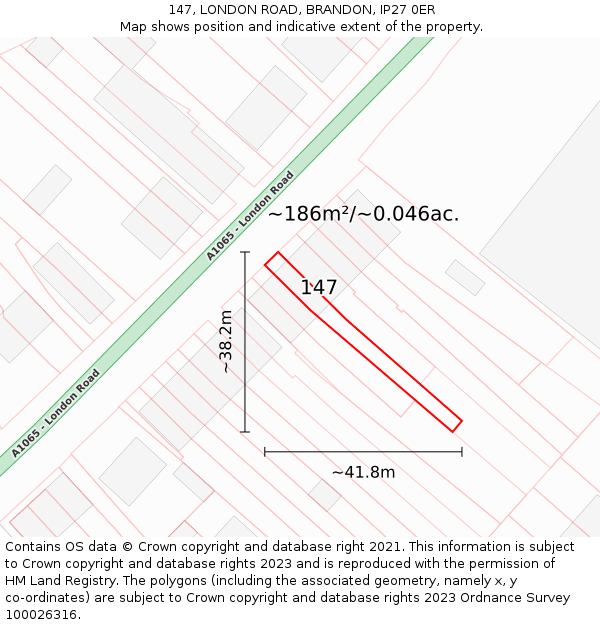 147, LONDON ROAD, BRANDON, IP27 0ER: Plot and title map