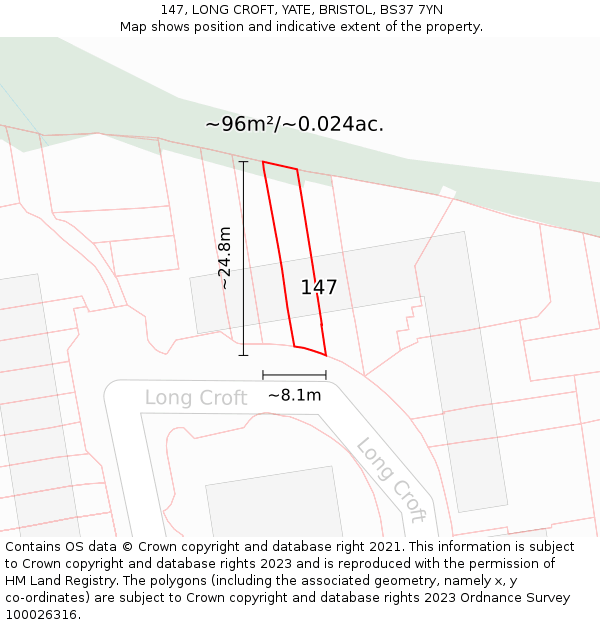 147, LONG CROFT, YATE, BRISTOL, BS37 7YN: Plot and title map