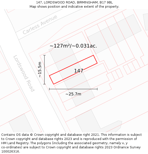147, LORDSWOOD ROAD, BIRMINGHAM, B17 9BL: Plot and title map