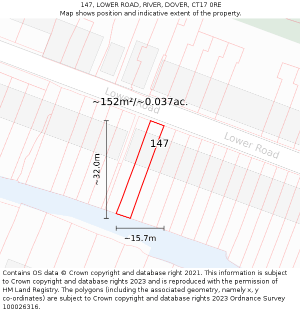 147, LOWER ROAD, RIVER, DOVER, CT17 0RE: Plot and title map