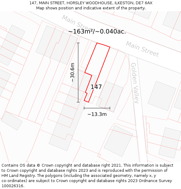 147, MAIN STREET, HORSLEY WOODHOUSE, ILKESTON, DE7 6AX: Plot and title map