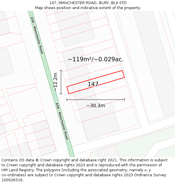 147, MANCHESTER ROAD, BURY, BL9 0TD: Plot and title map