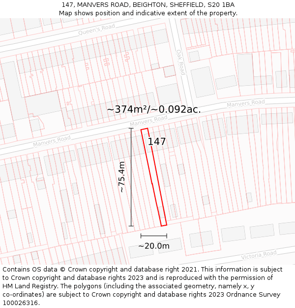 147, MANVERS ROAD, BEIGHTON, SHEFFIELD, S20 1BA: Plot and title map