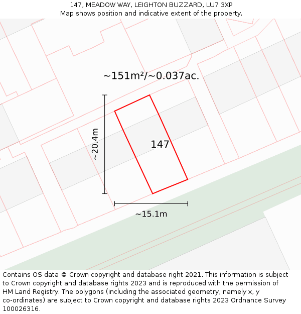 147, MEADOW WAY, LEIGHTON BUZZARD, LU7 3XP: Plot and title map