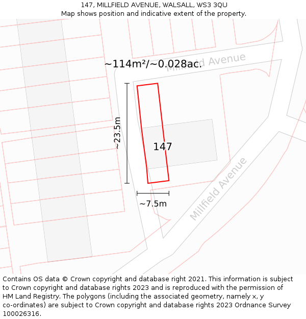 147, MILLFIELD AVENUE, WALSALL, WS3 3QU: Plot and title map