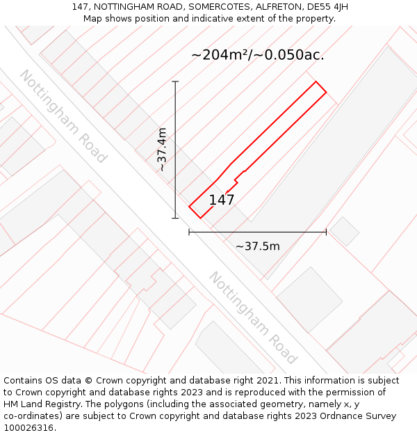 147, NOTTINGHAM ROAD, SOMERCOTES, ALFRETON, DE55 4JH: Plot and title map
