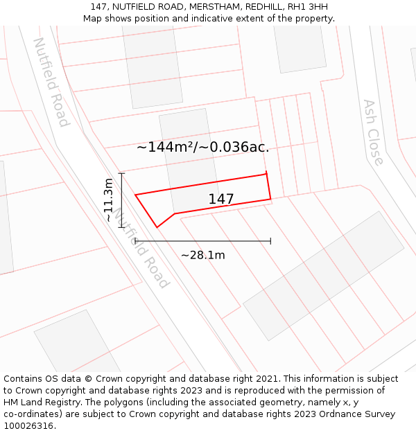 147, NUTFIELD ROAD, MERSTHAM, REDHILL, RH1 3HH: Plot and title map