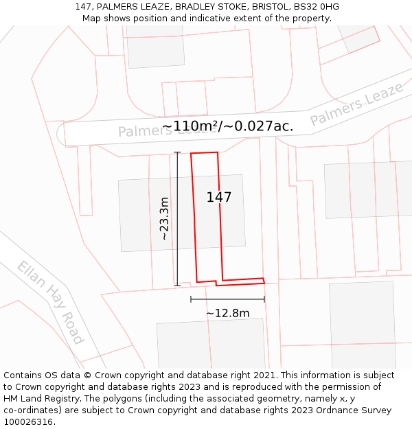 147, PALMERS LEAZE, BRADLEY STOKE, BRISTOL, BS32 0HG: Plot and title map