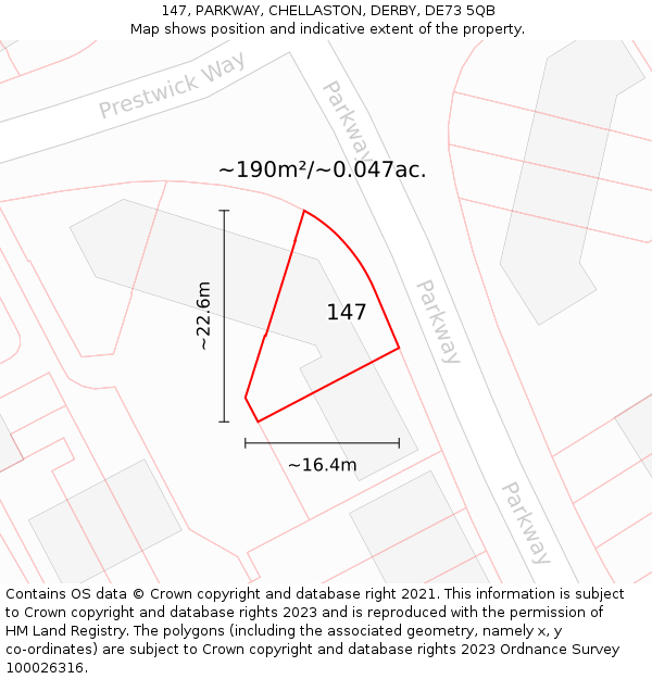 147, PARKWAY, CHELLASTON, DERBY, DE73 5QB: Plot and title map