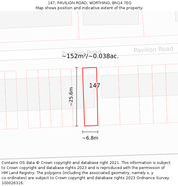147, PAVILION ROAD, WORTHING, BN14 7EG: Plot and title map