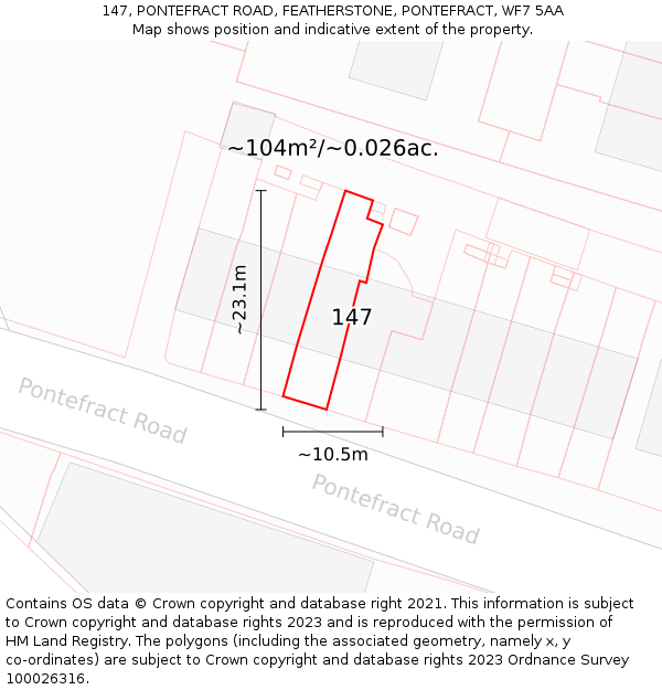 147, PONTEFRACT ROAD, FEATHERSTONE, PONTEFRACT, WF7 5AA: Plot and title map