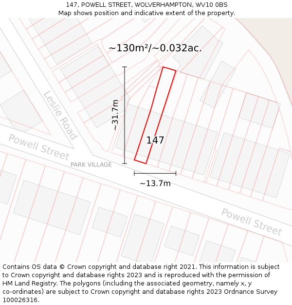 147, POWELL STREET, WOLVERHAMPTON, WV10 0BS: Plot and title map